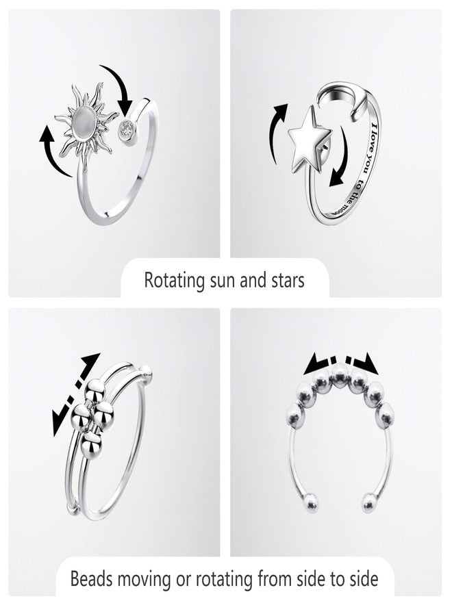 ATCEME 4PCS Fidget Rings for Women Adjustable Stress Relief Fidget Spinner Ring Stainless Steel Sun Moon Star Bead Rotatable Fidget Rings (Silver) - Image 2